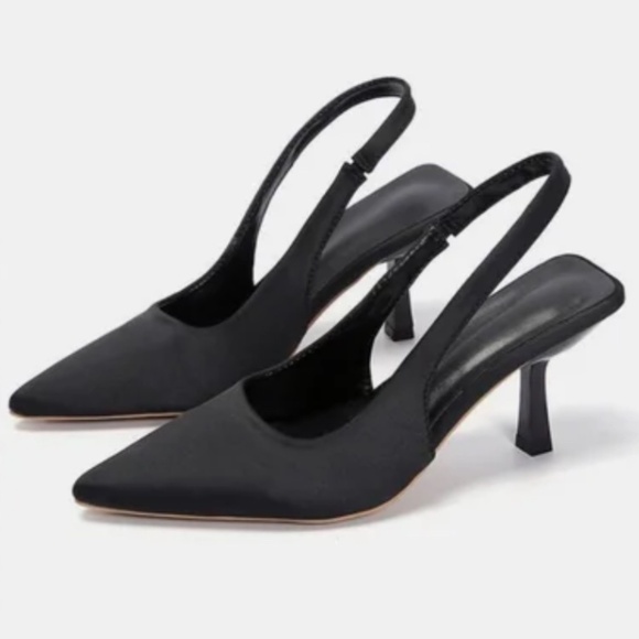New Black PU Leather Pointy Toe Slingback Kitten Heel Pumps 4.5 - Picture 1 of 1